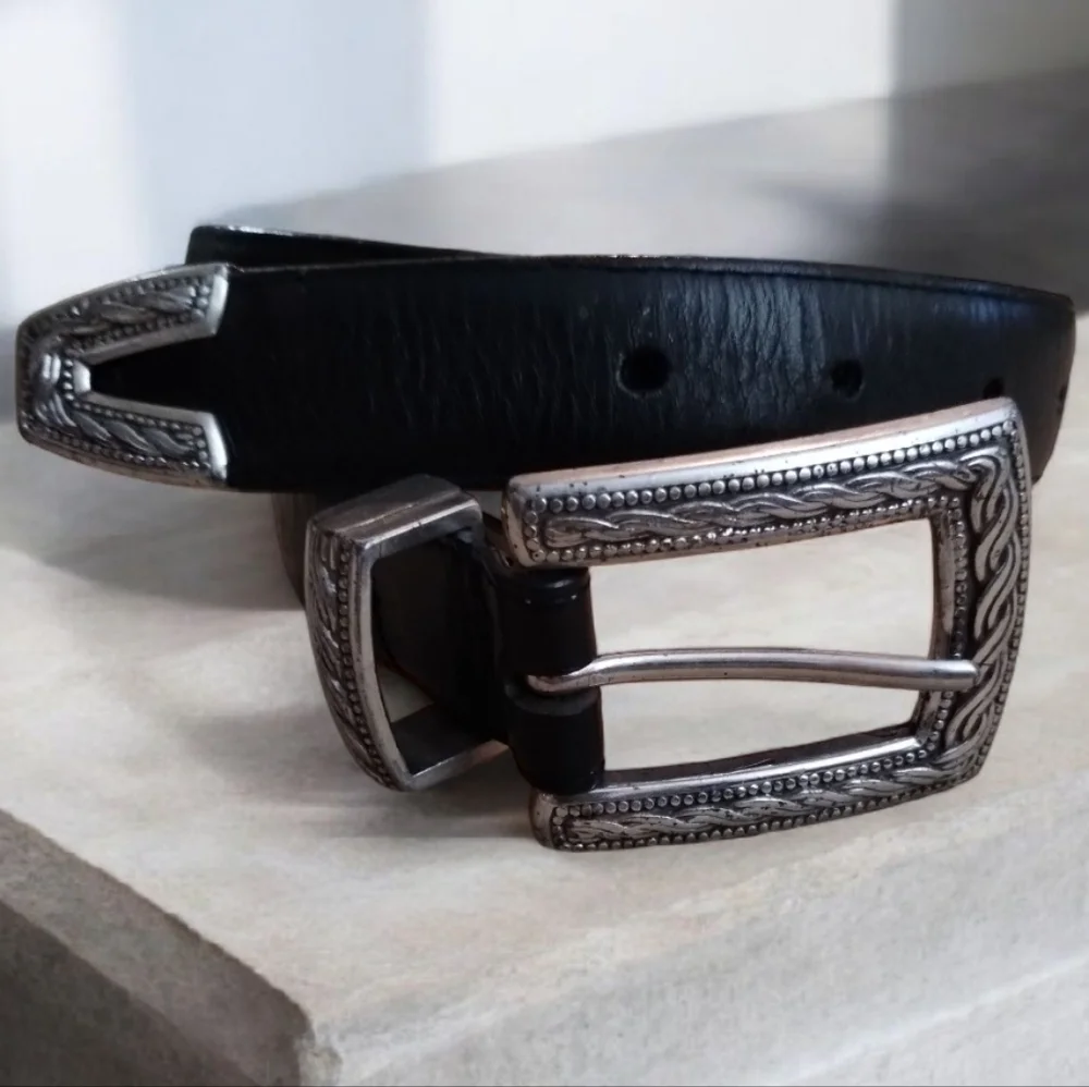 Brighton Black Leather Belt with Decorative Silver Buckle S